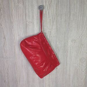 Womens Wristlet Clutch Purse Red Faux Leather Pleated Front Ruffled Zip Top